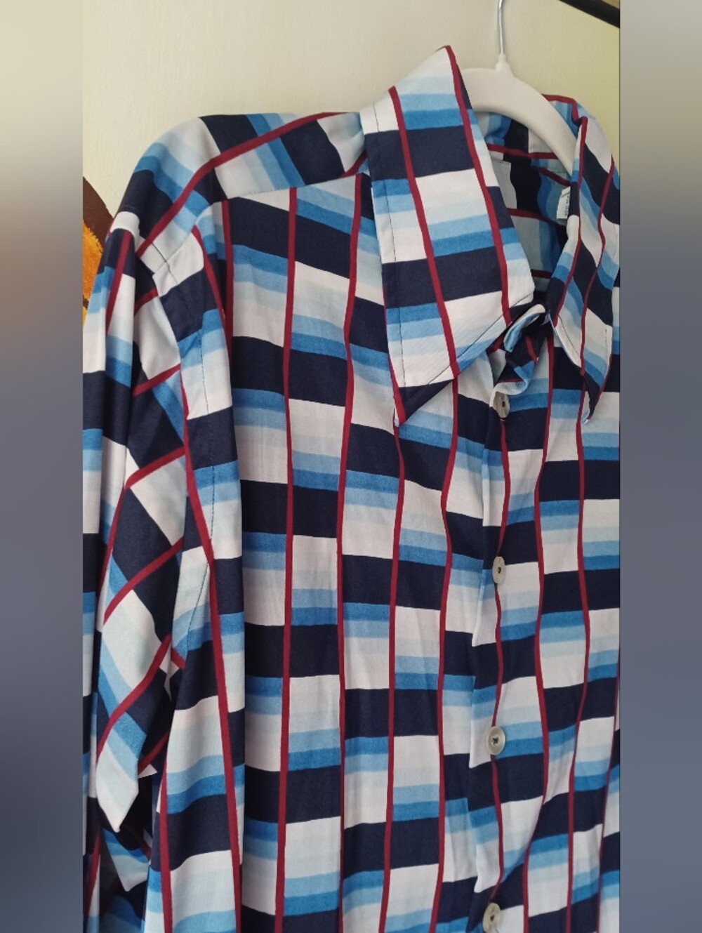 70s Dagger Collar Abstract Plaid Button Up Shirt